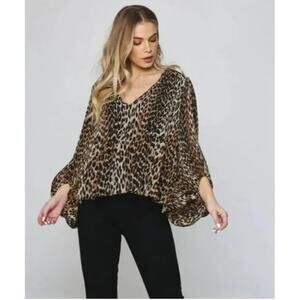 Ganni The Georgette Blouse Pleated Leopard Print Balloon Sleeves 38 M